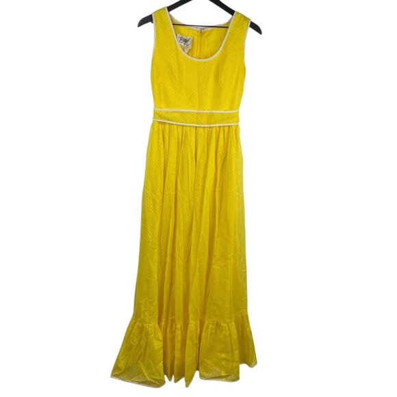 Miss Elliette Dresses & Skirts - Vintage Miss Elliette Dress Sleeveless Maxi Micro Polka Dot Ruffle Hem Yellow 8
